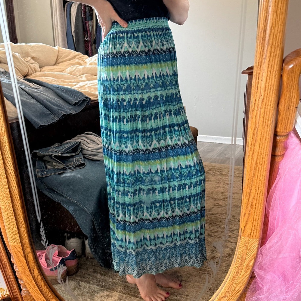 Teal and blue geometric maxi skirt